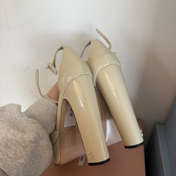 NWT Miu Miu Platform Pumps Beige Patent Leather Ankle Strap Block High Heels 40 - Picture 7 of 8